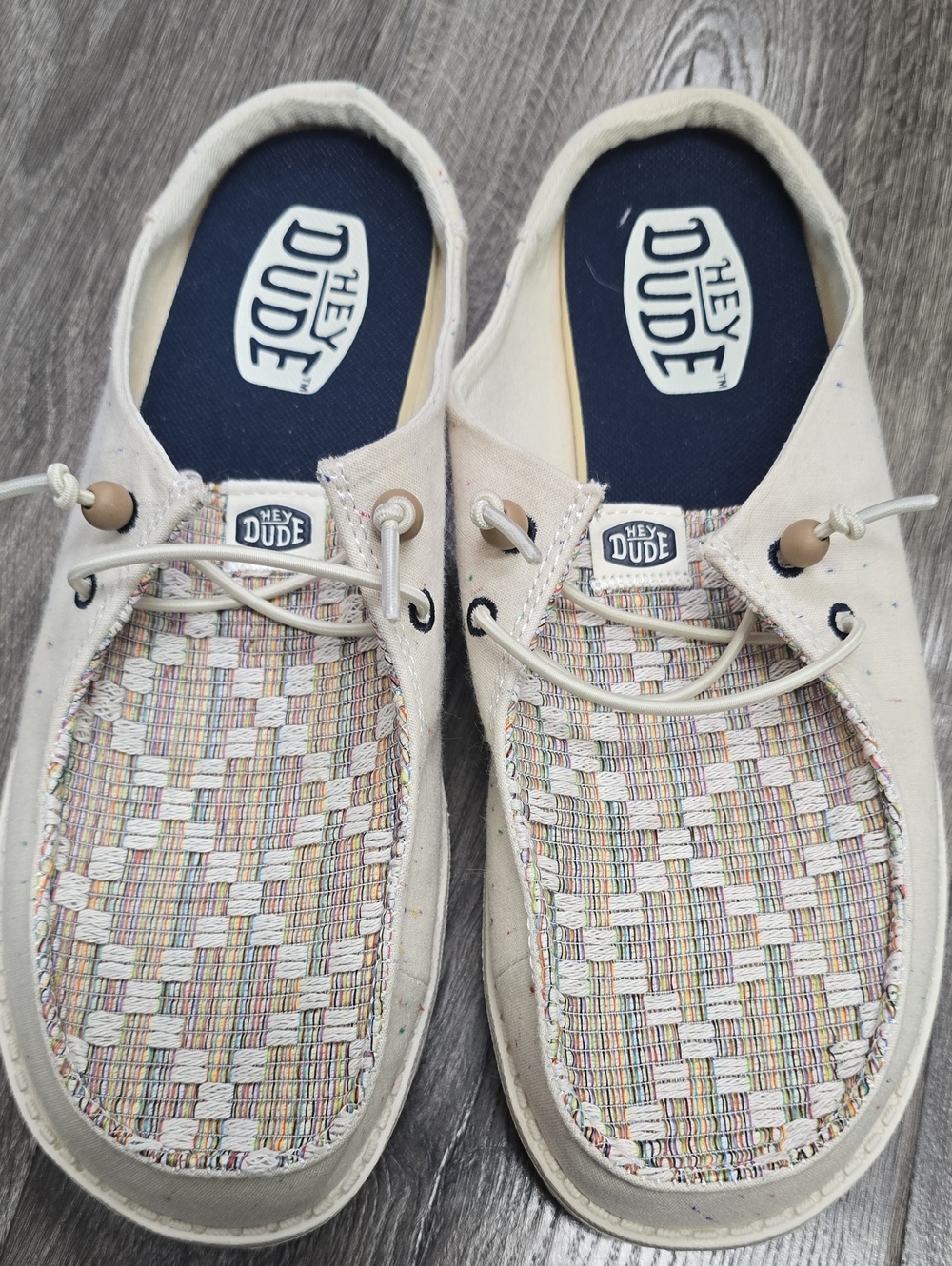 Hey Dude Women’s Cream Boat Shoes with Multicolor Woven Toe